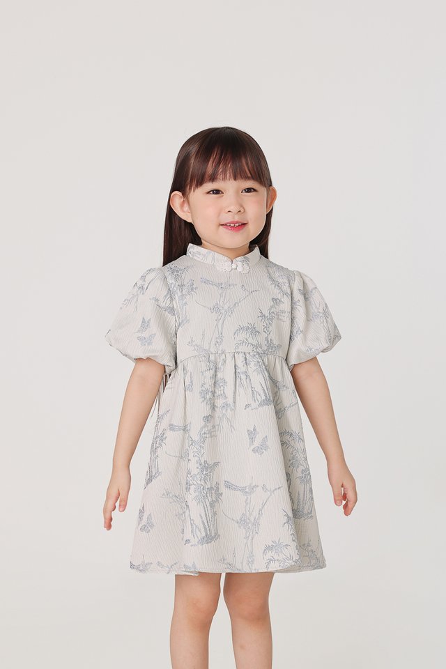 KARINA FLORAL JACQUARD PUFF SLEEVE CHEONGSAM DRESS (BLUE) - MINI GIRL