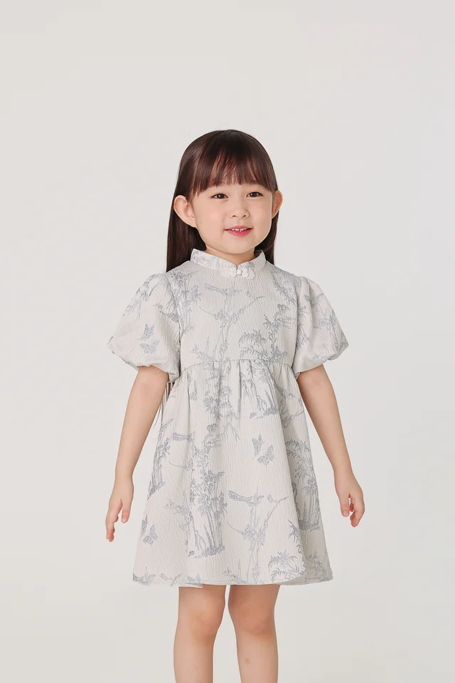 KARINA FLORAL JACQUARD PUFF SLEEVE CHEONGSAM DRESS (BLUE) - MINI GIRL