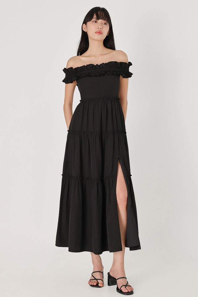 GISELLE PADDED RUFFLE OFF-SHOULDER SLIT MIDAXI DRESS (BLACK)