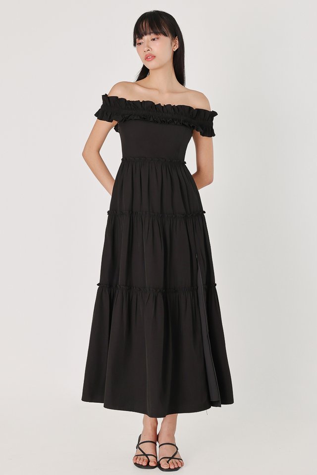 GISELLE PADDED RUFFLE OFF-SHOULDER SLIT MIDAXI DRESS (BLACK)