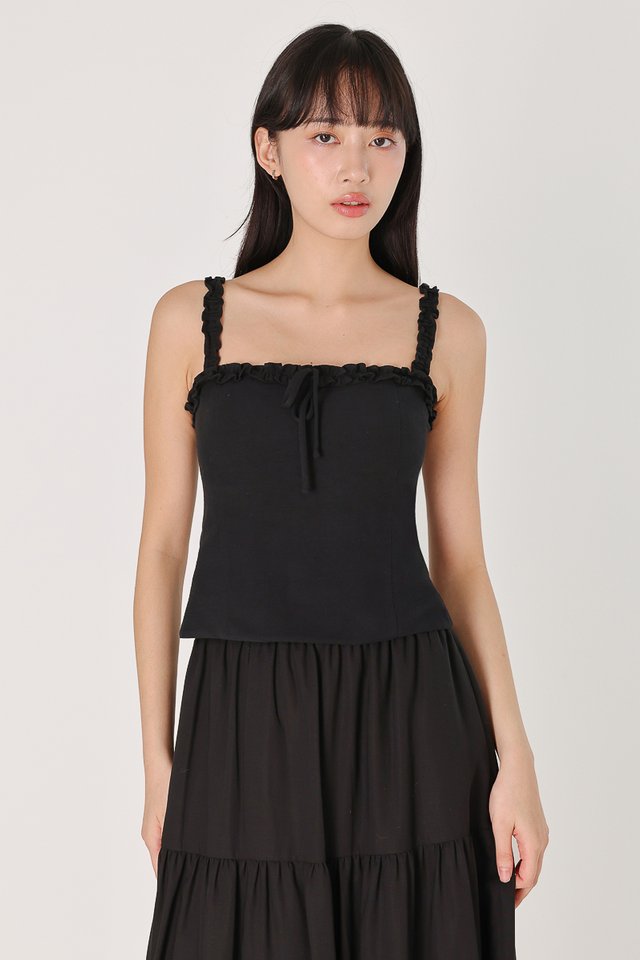 MEREDITH PADDED RUFFLE RIBBON-TIE TOP (BLACK)