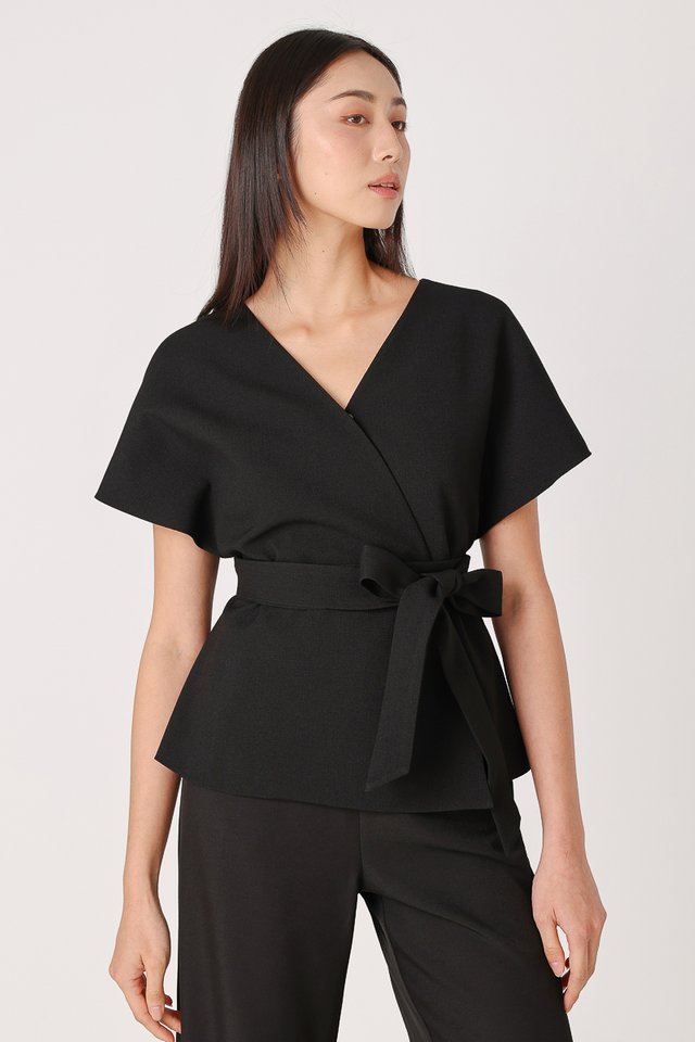 REIGN KIMONO WRAP TIE SASH TOP (BLACK)