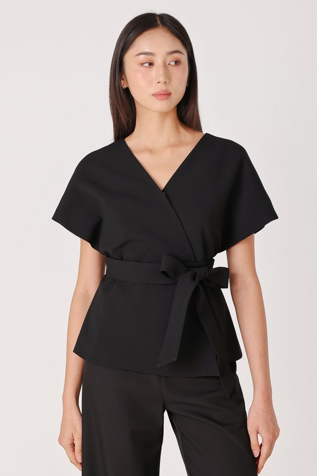 REIGN KIMONO WRAP TIE SASH TOP (BLACK)