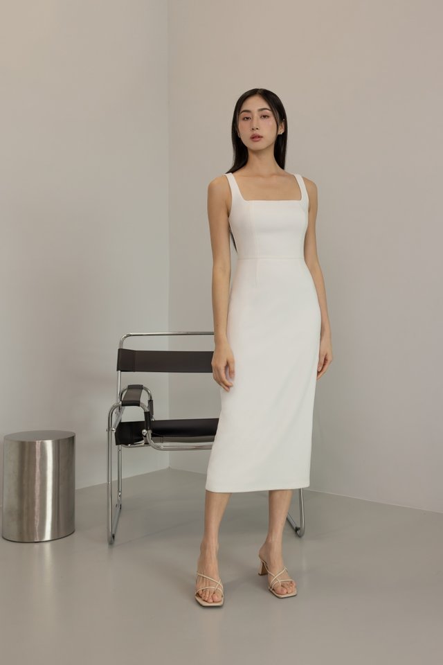 LARINA PADDED SQUARE NECK BACK SLIT MIDAXI COLUMN DRESS (WHITE)