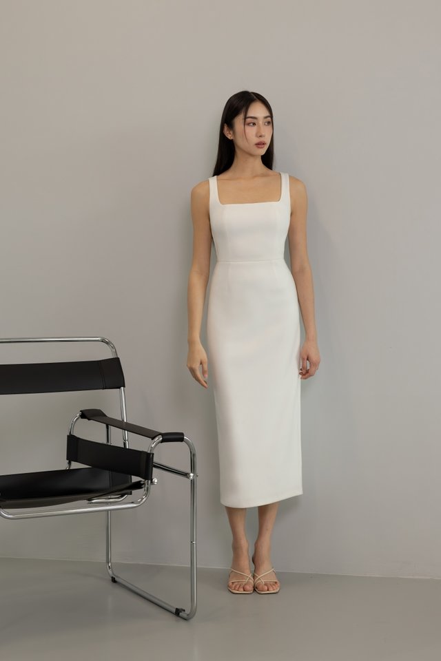 LARINA PADDED SQUARE NECK BACK SLIT MIDAXI COLUMN DRESS (WHITE)