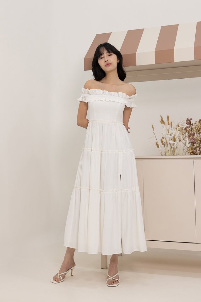 GISELLE PADDED RUFFLE OFF-SHOULDER SLIT MIDAXI DRESS (WHITE)