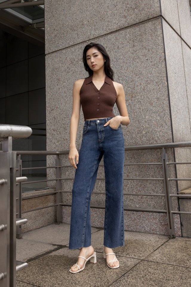 TIME OUT RAW HEM STRAIGHT LEG DENIM JEANS - REGULAR (DARK WASHED)