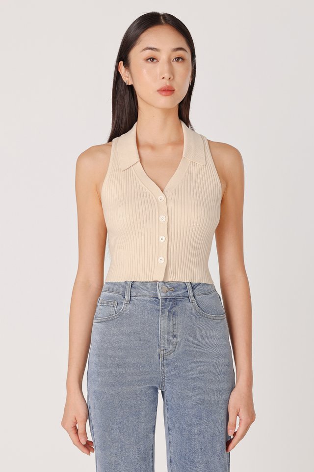 MORGAN BUTTON COLLARED KNIT TOP (CRÈME)