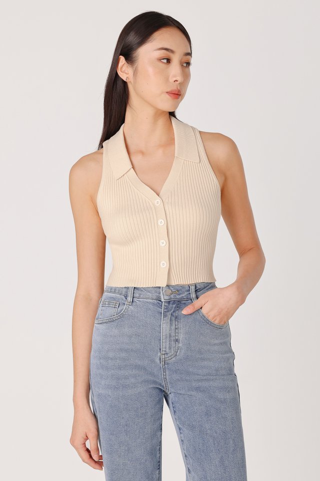 MORGAN BUTTON COLLARED KNIT TOP (CRÈME)