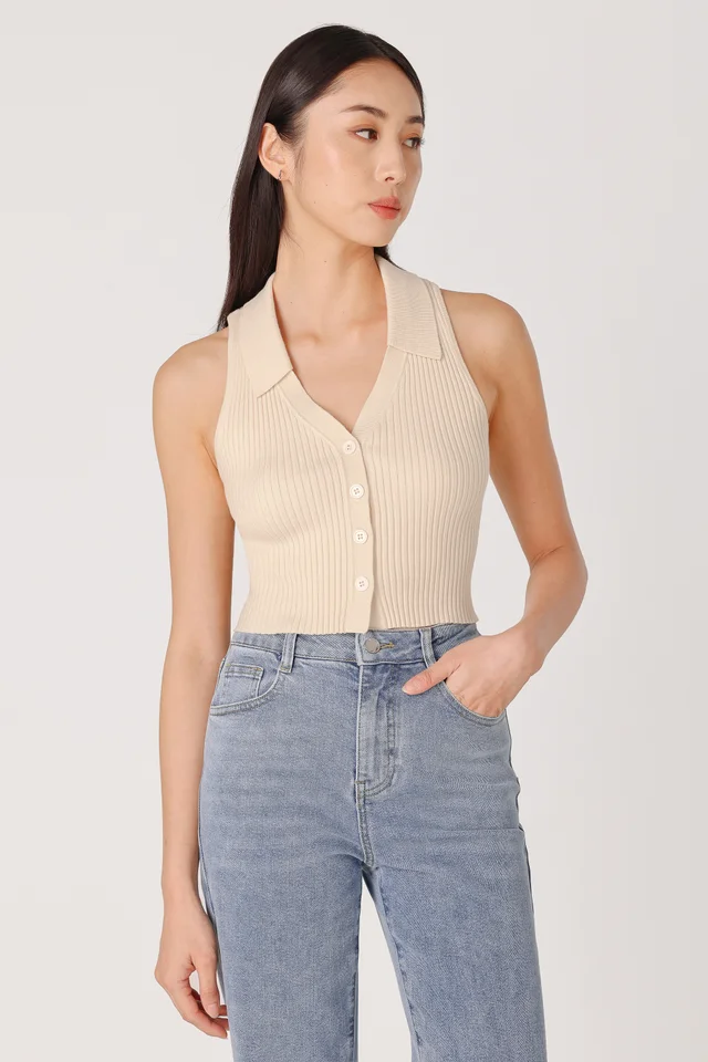 MORGAN BUTTON COLLARED KNIT TOP (CRÈME)