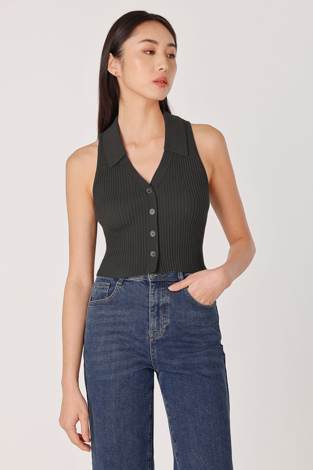 MORGAN BUTTON COLLARED KNIT TOP (CHARCOAL)