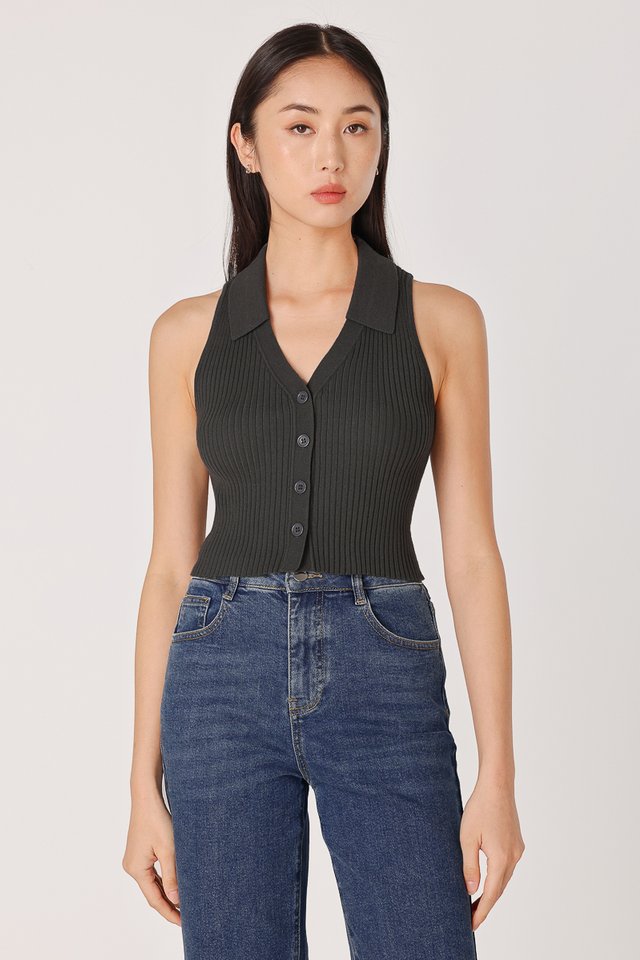 MORGAN BUTTON COLLARED KNIT TOP (CHARCOAL)