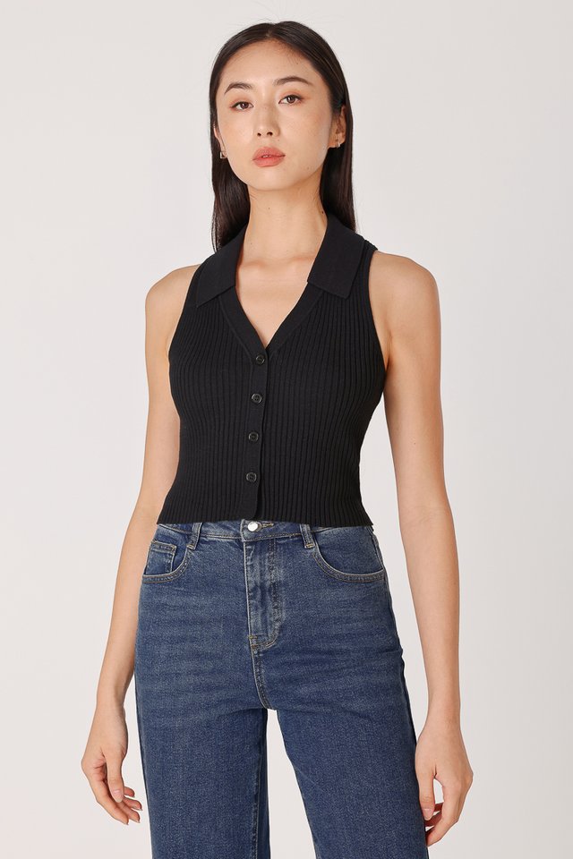 MORGAN BUTTON COLLARED KNIT TOP (BLACK)