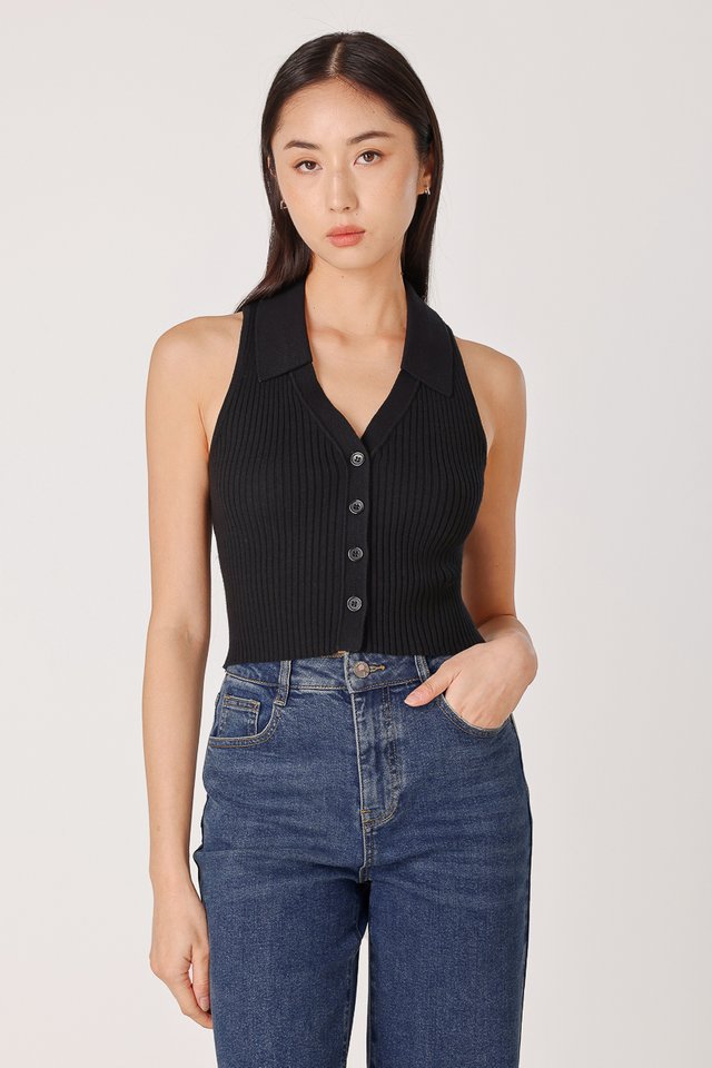 MORGAN BUTTON COLLARED KNIT TOP (BLACK)