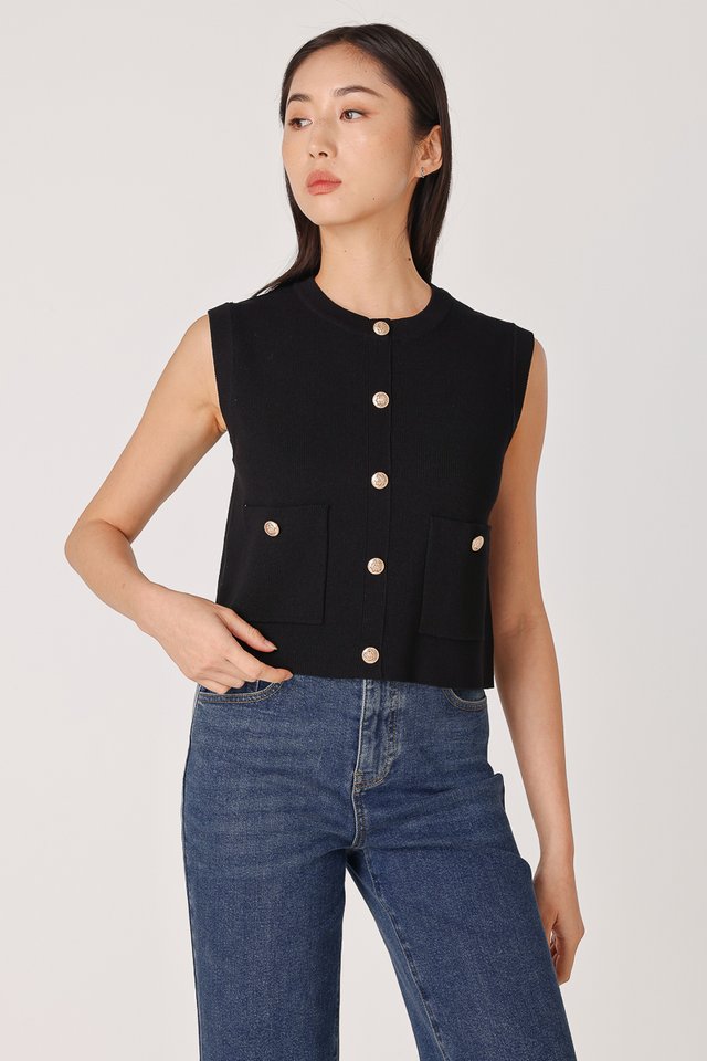 LAURA VINTAGE BUTTON BOXY KNIT TOP (BLACK)