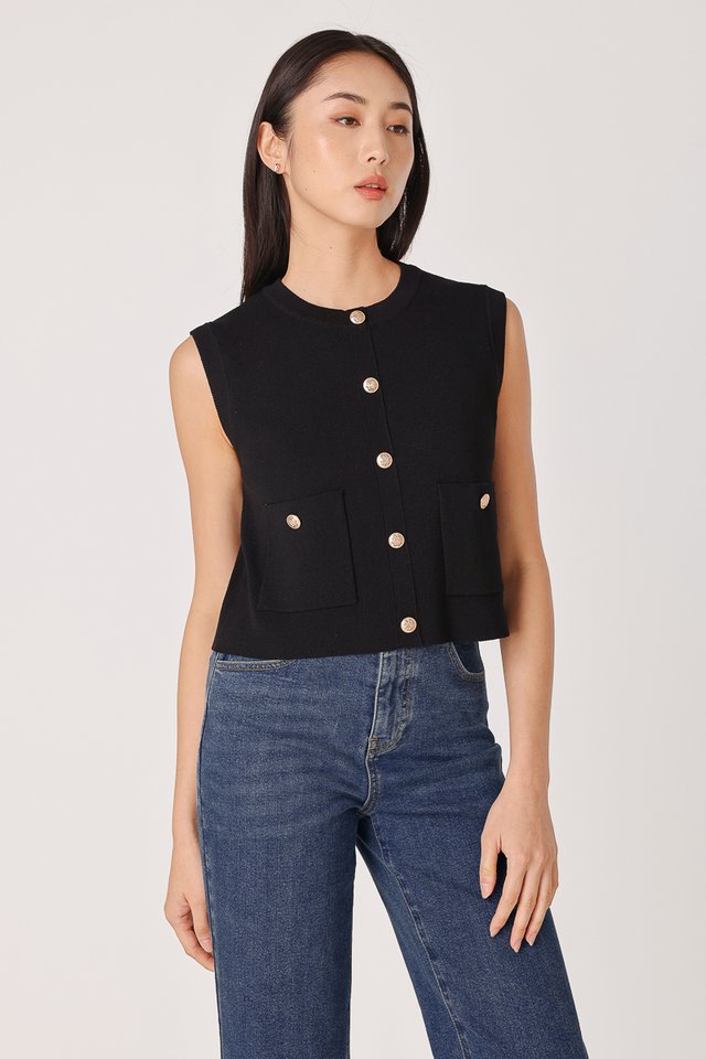 LAURA VINTAGE BUTTON BOXY KNIT TOP (BLACK)