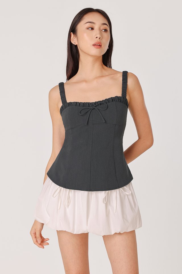 KELSEY PADDED RIBBON LONGLINE RUCHED TOP (GREY)