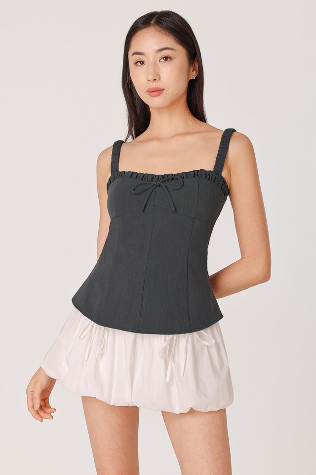 KELSEY PADDED RIBBON LONGLINE RUCHED TOP (GREY)