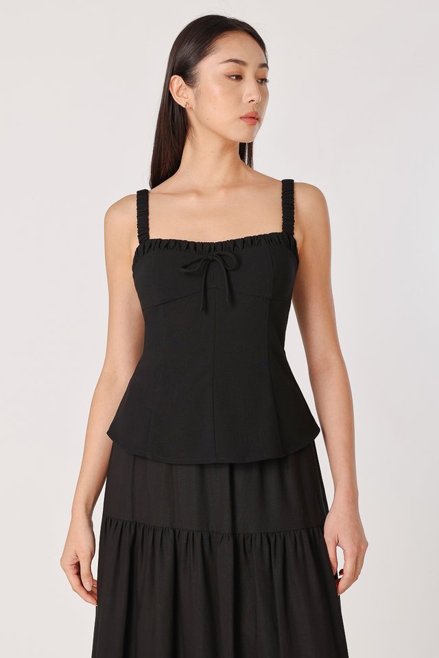 KELSEY PADDED RIBBON LONGLINE RUCHED TOP (BLACK)