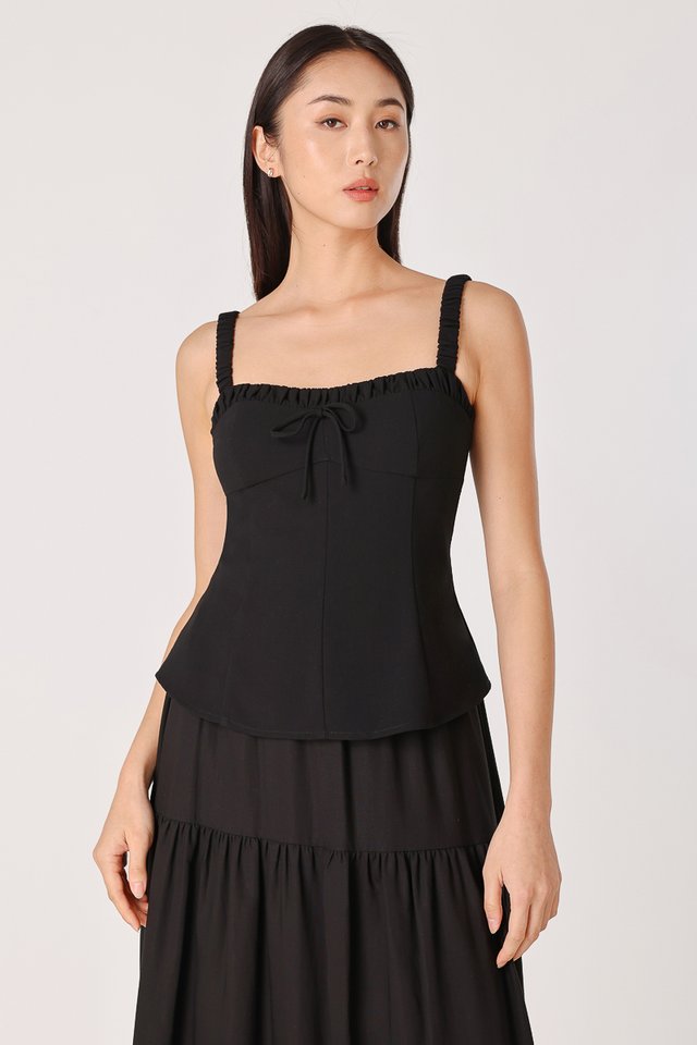 KELSEY PADDED RIBBON LONGLINE RUCHED TOP (BLACK)