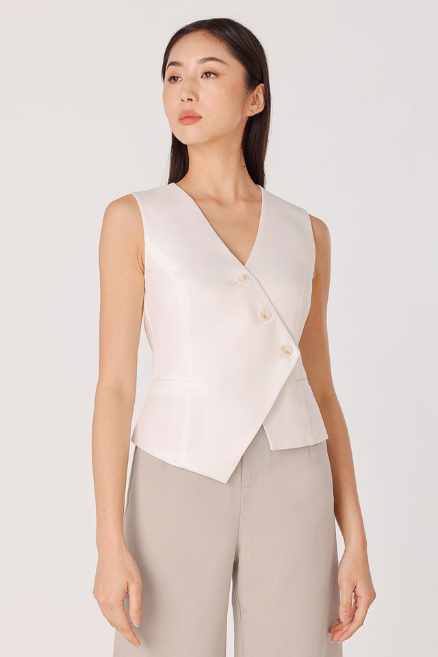 ELVIE ASYMMETRICAL SHELL BUTTON VEST TOP (WHITE)