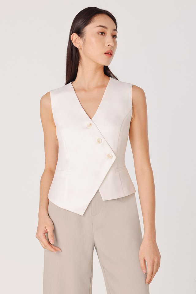 ELVIE ASYMMETRICAL SHELL BUTTON VEST TOP (WHITE)