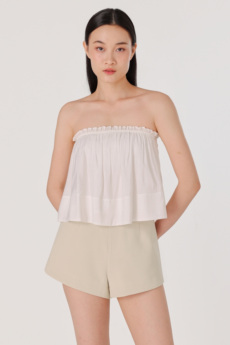 SUZIE PADDED RUFFLE THICK HEM TWO-WAY TOP (WHITE) | Lovet