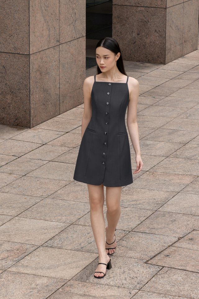 ROWENA STRAIGHT NECK BUTTON DRESS (GREY)