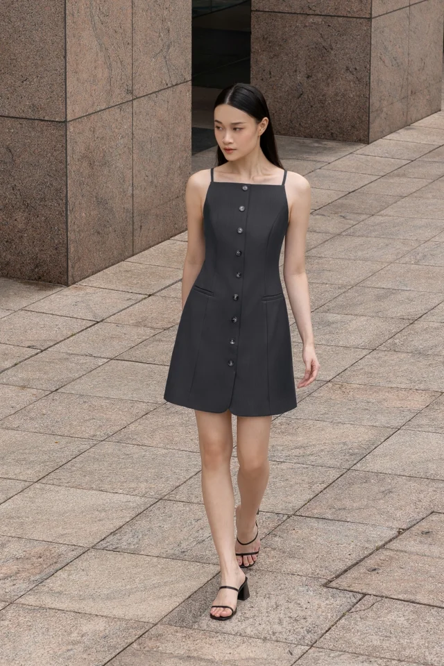 ROWENA STRAIGHT NECK BUTTON DRESS (GREY)
