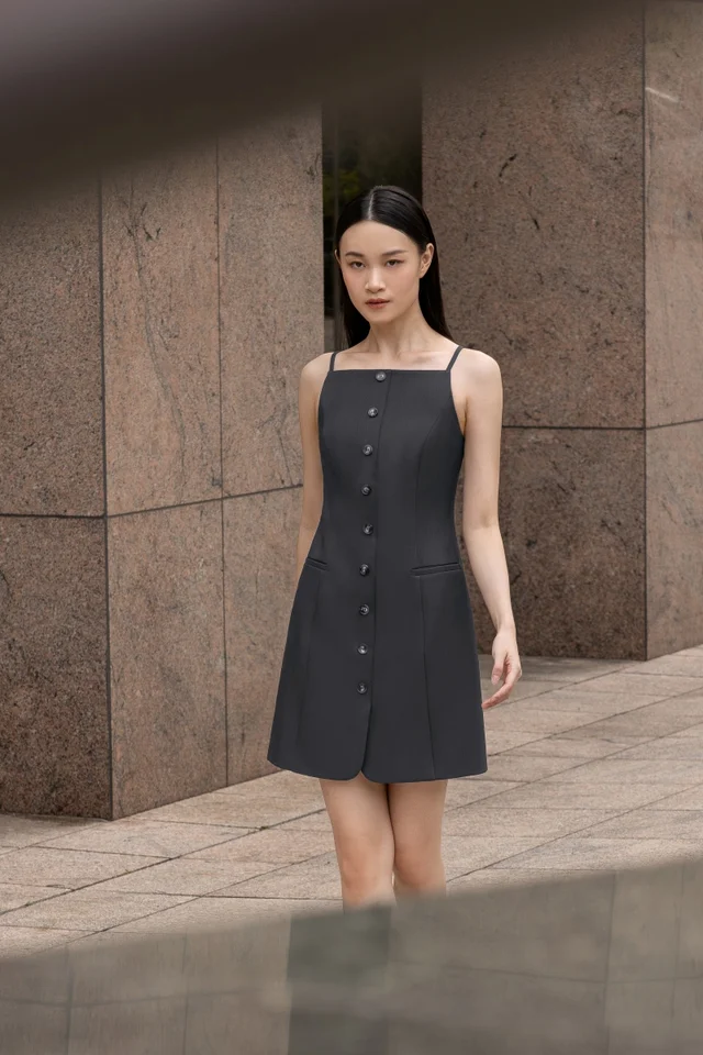 ROWENA STRAIGHT NECK BUTTON DRESS (GREY)