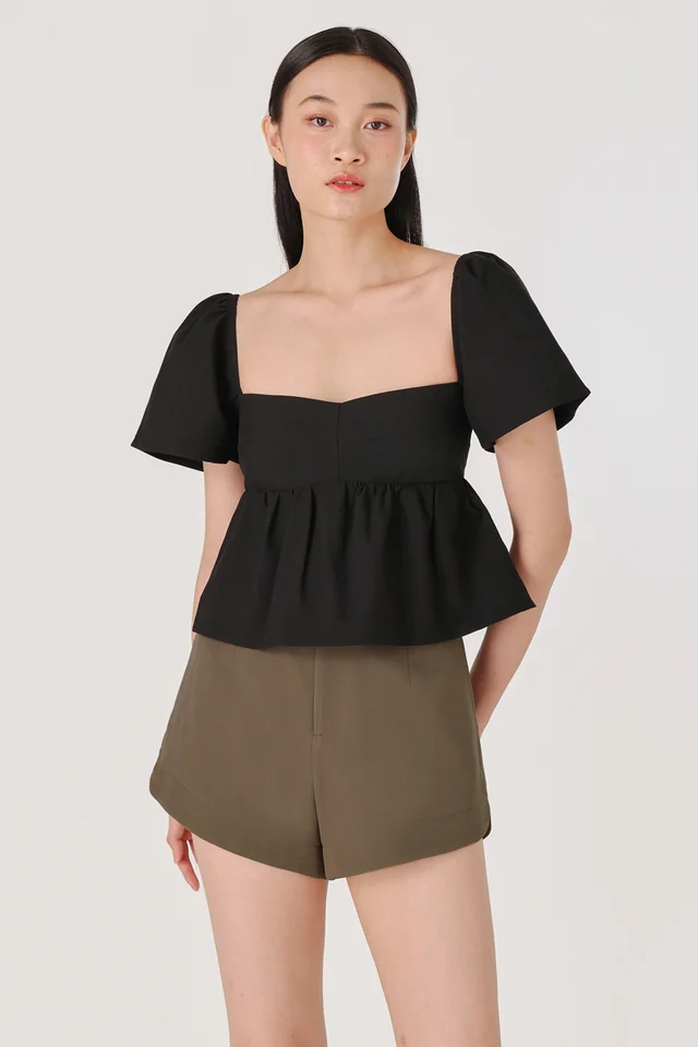 ANGELA PADDED FLUTTER SLEEVE BABYDOLL TOP (BLACK)