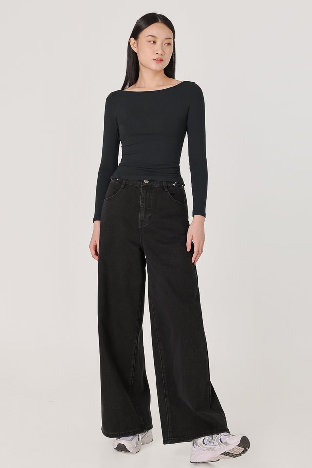 REGULATION BUCKLE WIDE LEG DENIM JEANS - REGULAR (BLACK)