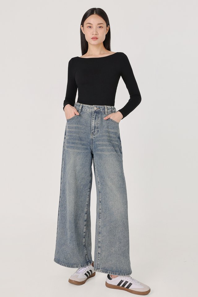 REGULATION BUCKLE WIDE LEG DENIM JEANS - PETITE (VINTAGE WASHED)