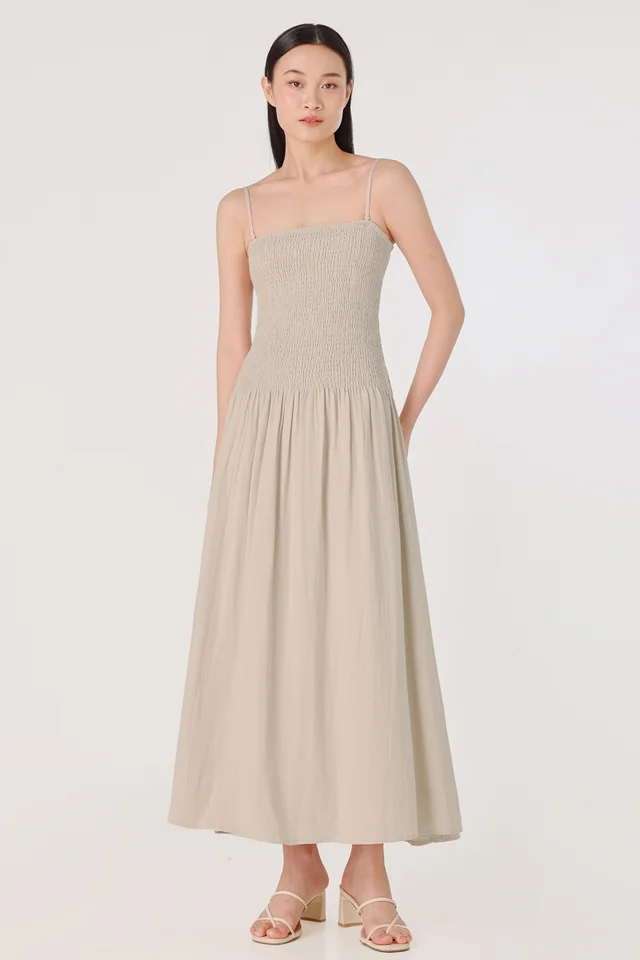 PAISLEY LINEN LOW-WAIST SMOCKED TWO-WAY MAXI DRESS (BONE)