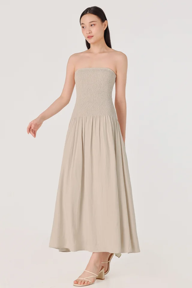 PAISLEY LINEN LOW-WAIST SMOCKED TWO-WAY MAXI DRESS (BONE)