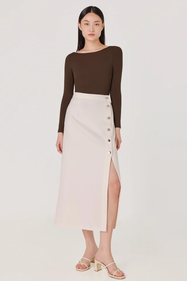 AFTER HOURS BUTTON SIDE SLIT MIDAXI SKIRT (WHITE)