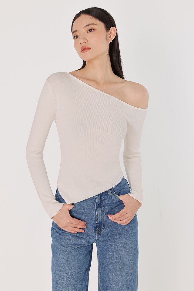 ZORA ASYMMETRICAL LONG SLEEVE KNIT TOP (WHITE)