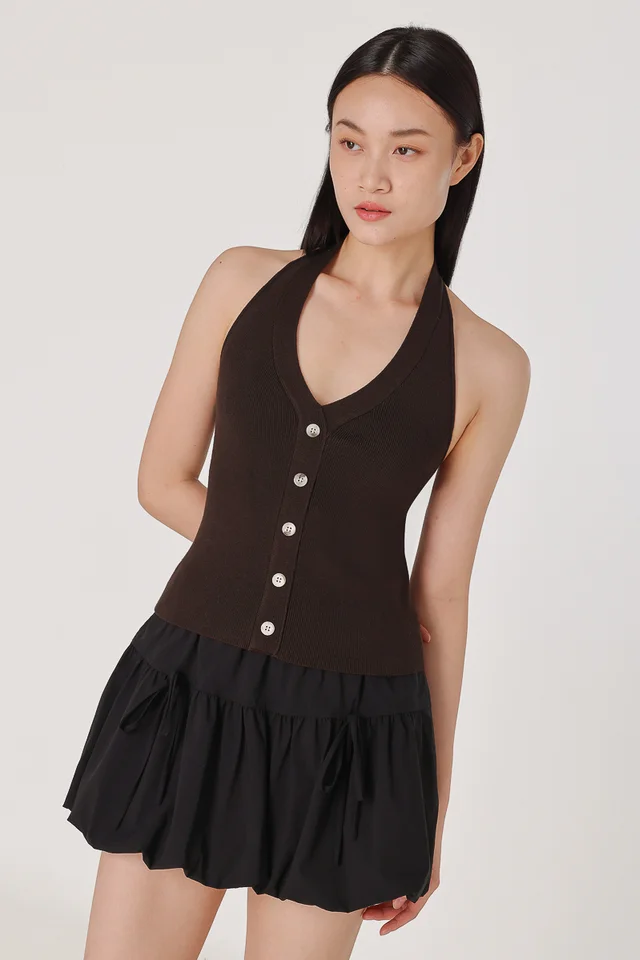 DESIREE HALTER SHELL BUTTON KNIT TOP (ESPRESSO)