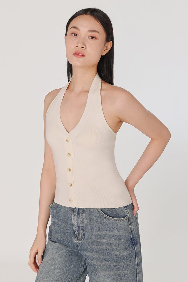 DESIREE HALTER SHELL BUTTON KNIT TOP (OFF-WHITE)