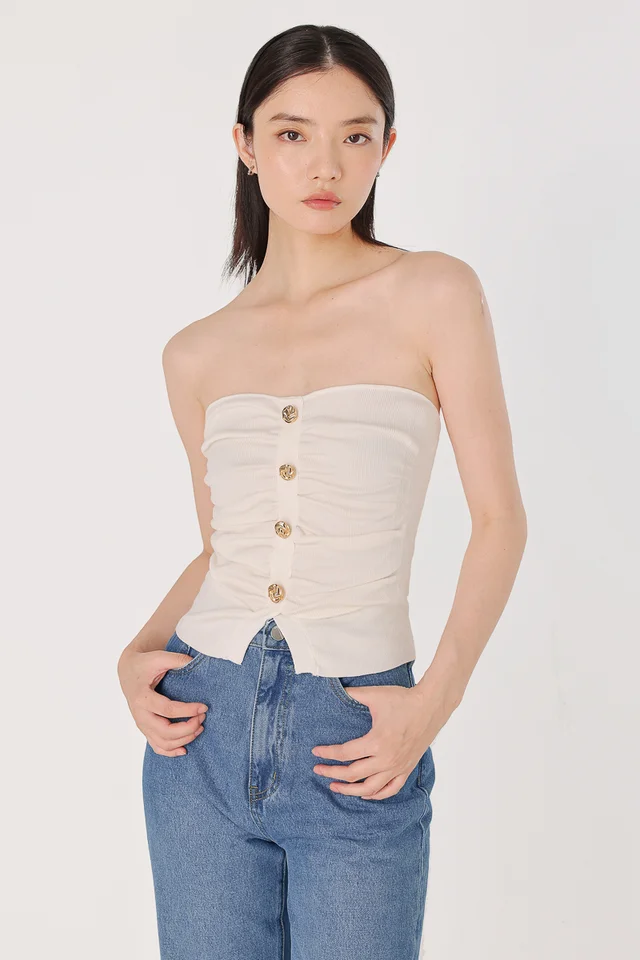 TRINITY RUCHED ACCENT BUTTON KNIT TUBE TOP (WHITE)