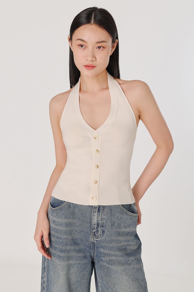 DESIREE HALTER SHELL BUTTON KNIT TOP (OFF-WHITE)