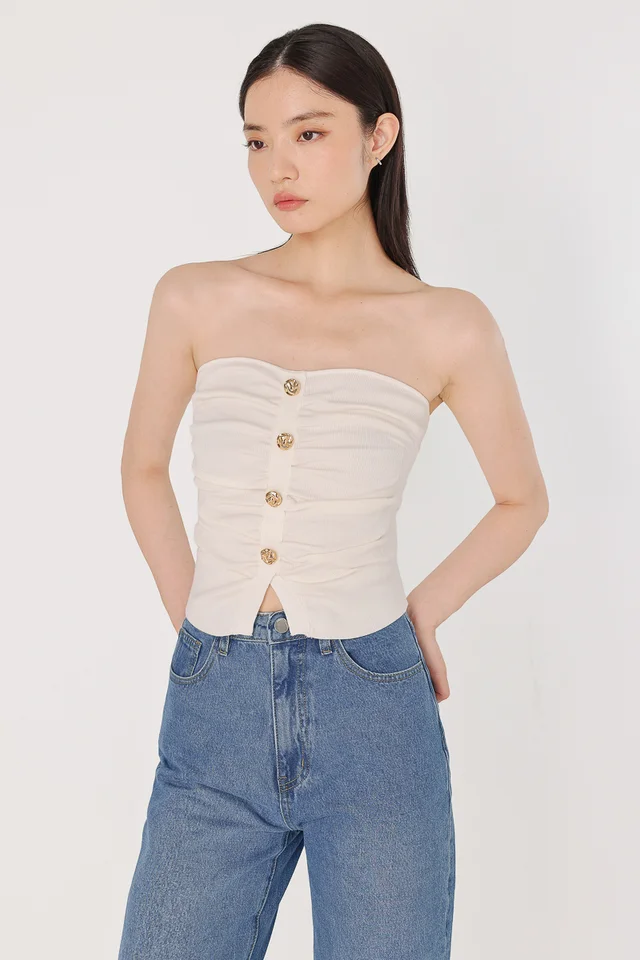 TRINITY RUCHED ACCENT BUTTON KNIT TUBE TOP (WHITE)