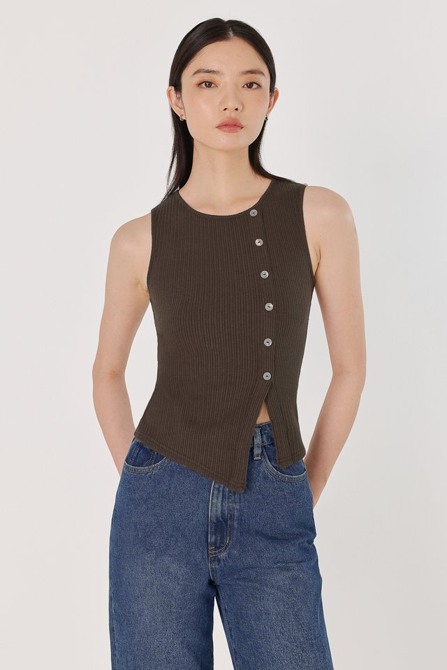 ARIN SHELL BUTTON POINTELLE RIBBED KNIT TOP (BROWN)