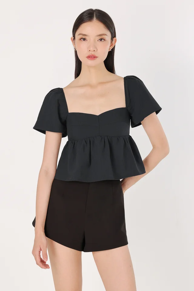 ANGELA PADDED FLUTTER SLEEVE BABYDOLL TOP (GRAPHITE)