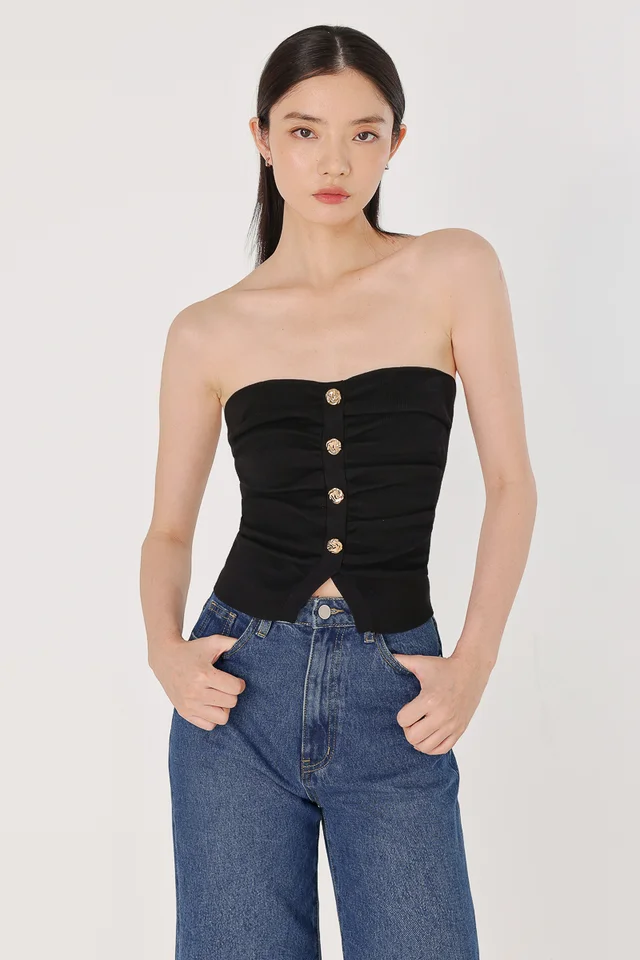 TRINITY RUCHED ACCENT BUTTON KNIT TUBE TOP (BLACK)