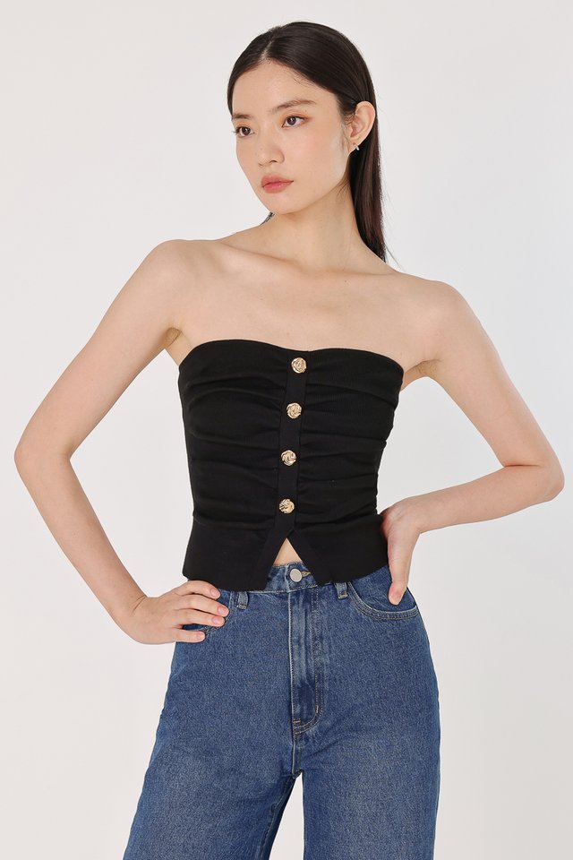 TRINITY RUCHED ACCENT BUTTON KNIT TUBE TOP (BLACK)