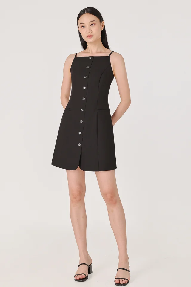 ROWENA STRAIGHT NECK BUTTON DRESS (BLACK)