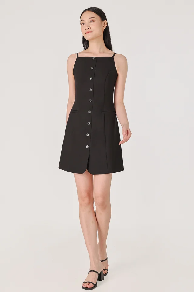 ROWENA STRAIGHT NECK BUTTON DRESS (BLACK)