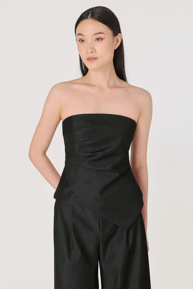 NYLA DENIM CHAMBRAY PADDED TWO-WAY RUCHED TUBE TOP (BLACK DENIM)
