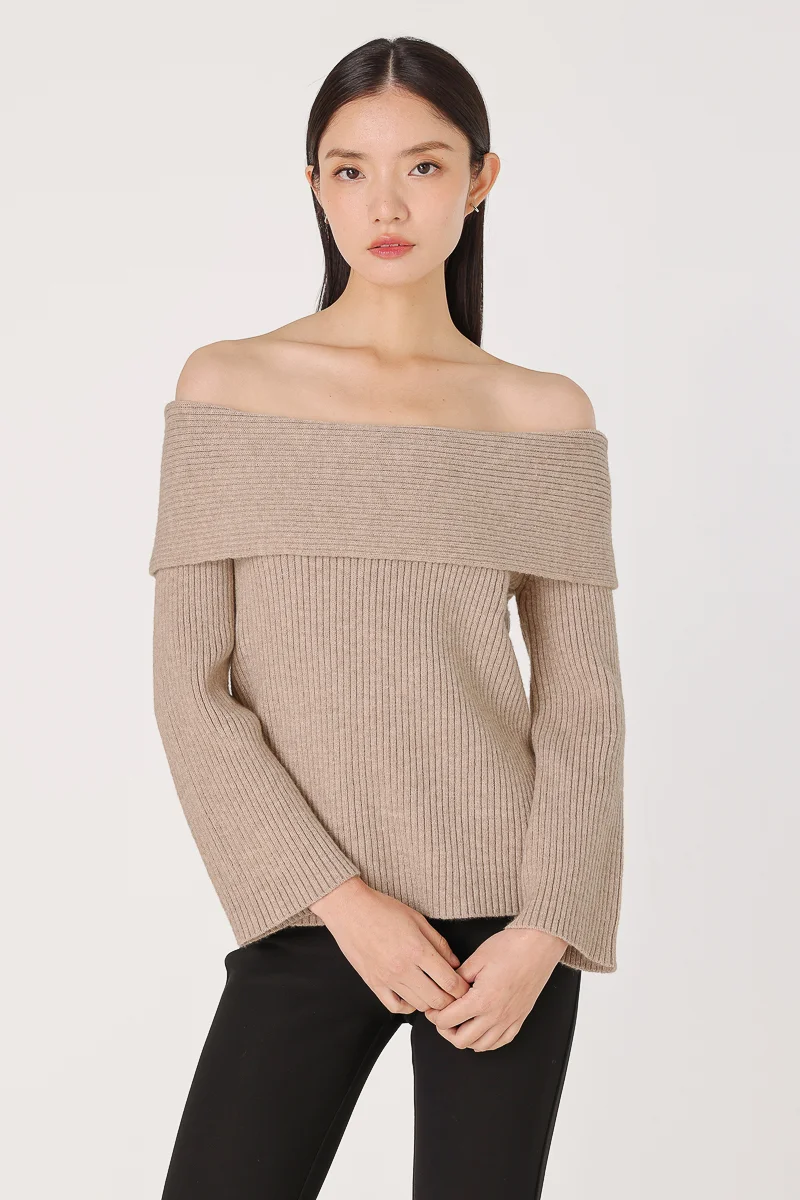 ZANA OFF-SHOULDER OVERLAY KNIT PULLOVER (BROWN) | Lovet